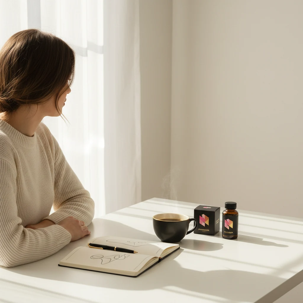 Redakteurin bei The Riverstone Review - arbeitet am Schreibtisch mit Notizbuch und Kaffee