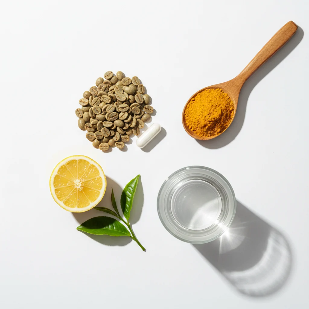 Zutaten-Flatlay: grüne Kaffeebohnen, L-Carnitin-Pulver, Zitronenscheibe, Grünteeblätter und Wasserglas auf weißem Untergrund