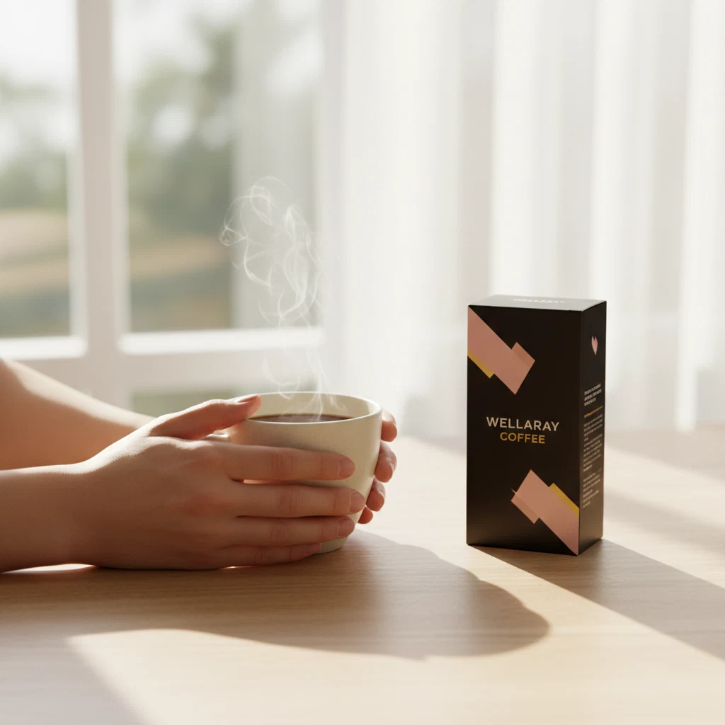 Kaffee Morgenroutine - Hände halten eine warme Kaffeetasse neben einem Wellaray Coffee Sachet auf einem Frühstückstisch