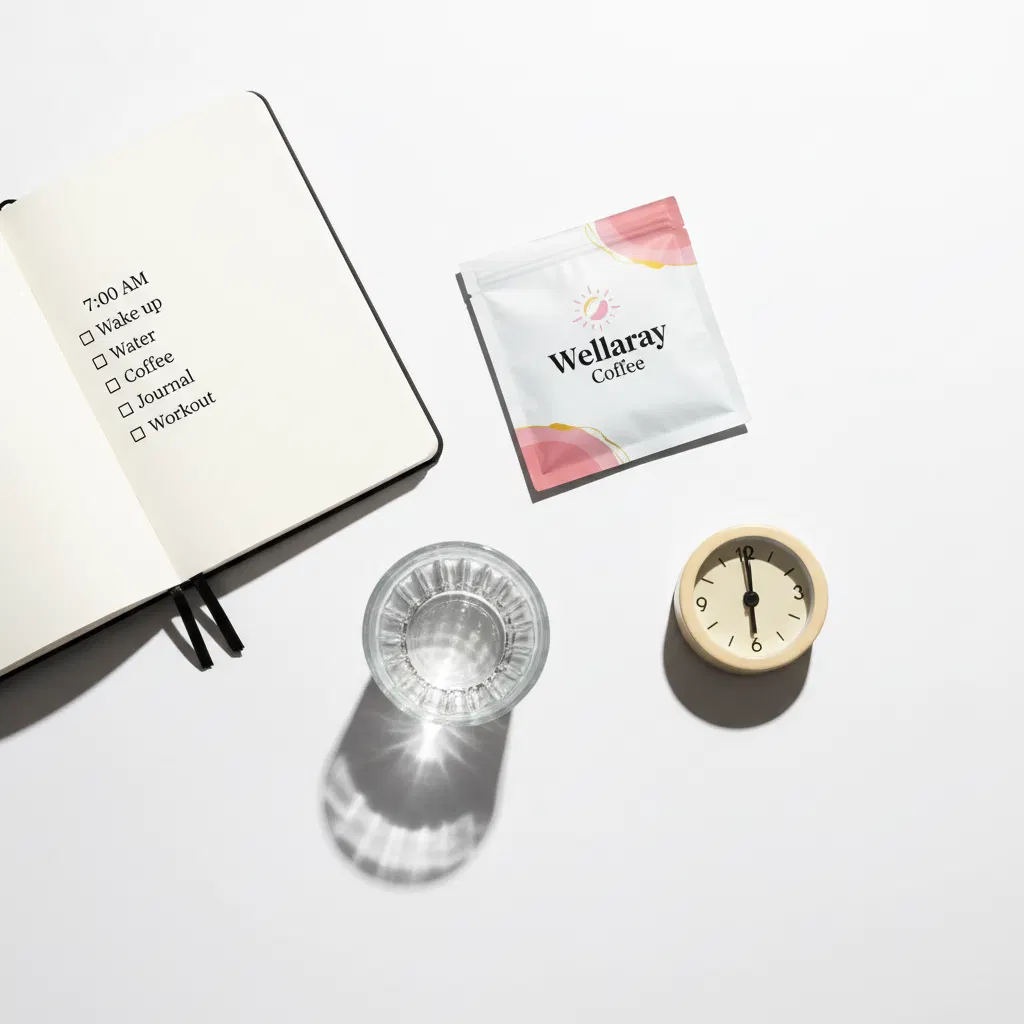 Morgenroutine mit Wellaray Coffee Sachet - Tagesplaner, Wasserglas und Kaffeezubereitung